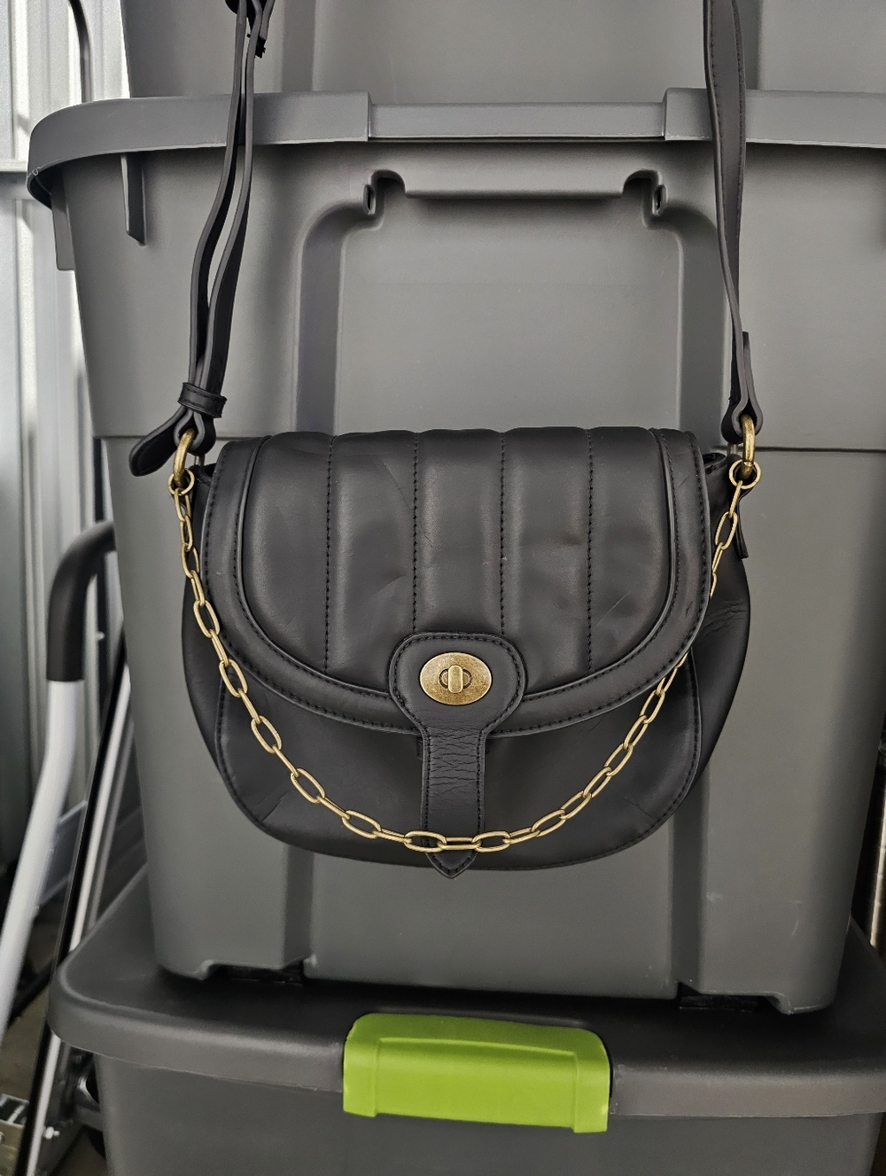 Black Quilted Crossbody Shoulder Bag with Gold Chain Accent